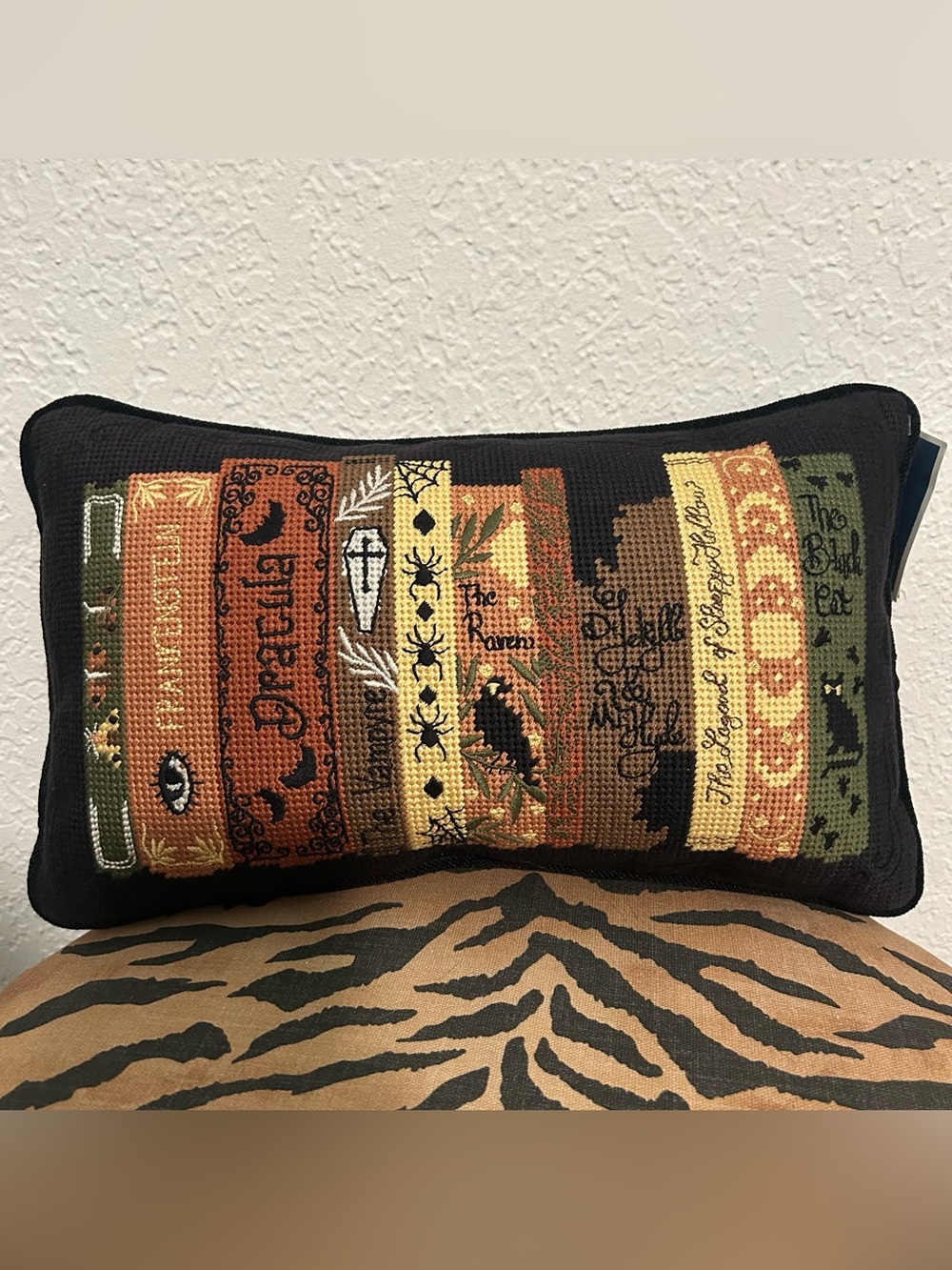 Cupcakes & Cashmere Needlepoint Embroidered Halloween Horror Books Throw Pillow